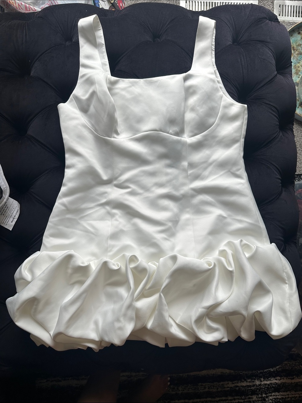 White Ruffled Hem Kids Dress - Sleeveless Square Neck